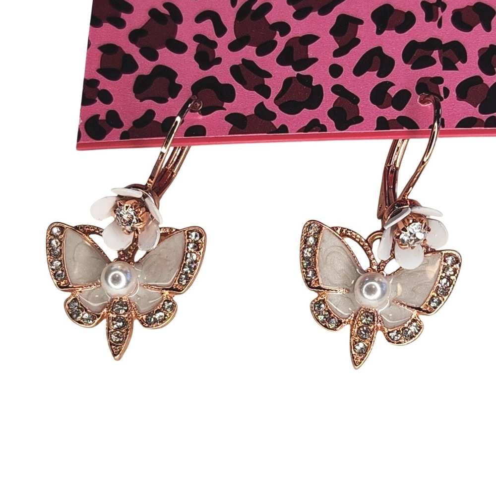 BETSEY JOHNSON Floral Butterfly Drop Earrings Pearl Crystal Rhinestone Rose Gold